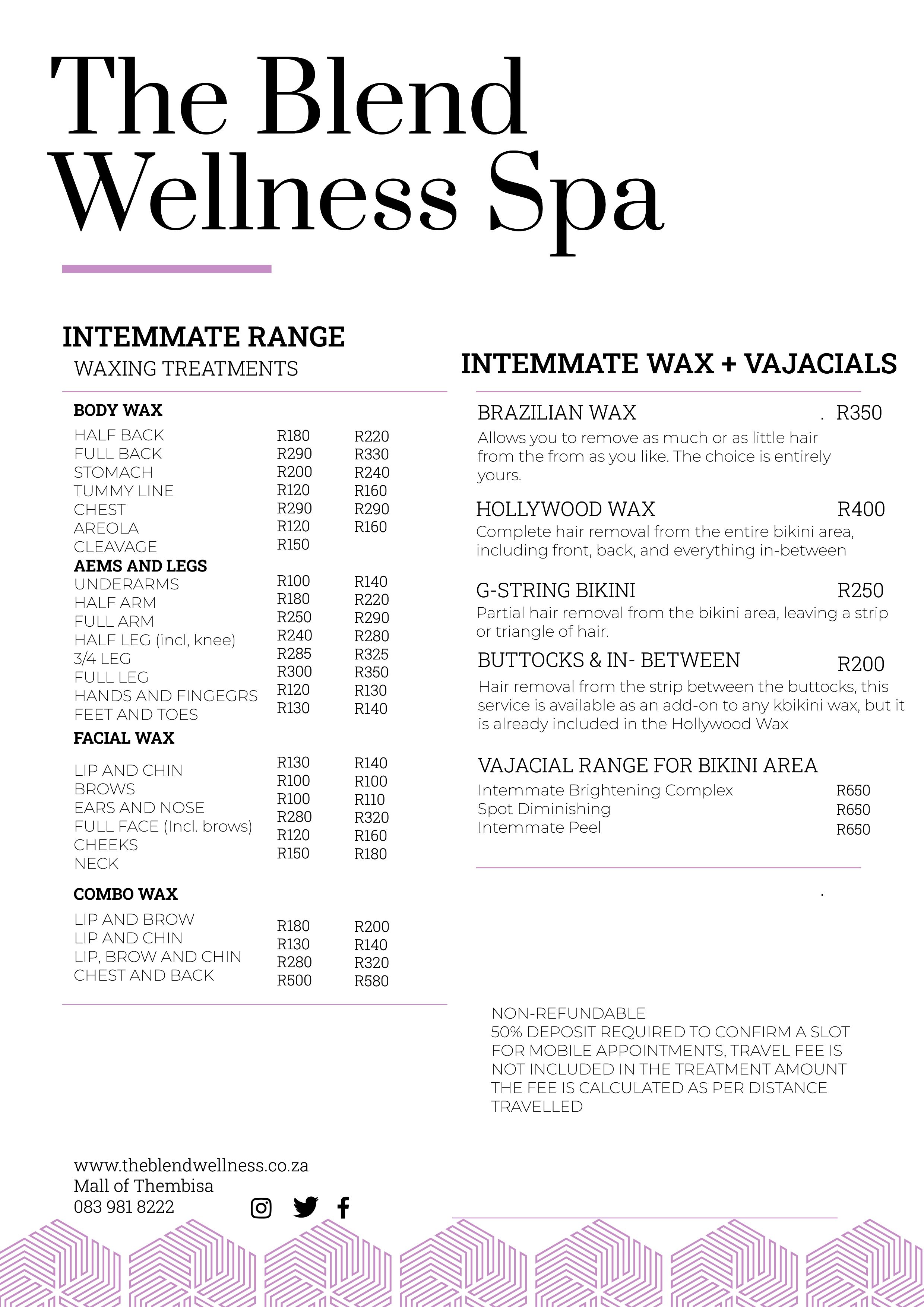 The Blend Wellness Spa Pricelist